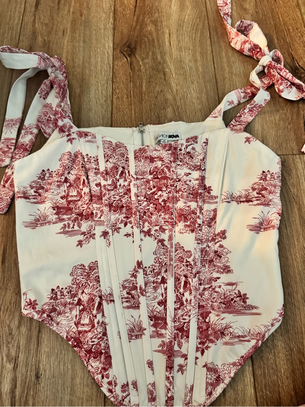 Fashion Nova Women's Red Toile Print Tie-Strap Bustier Top Size Med